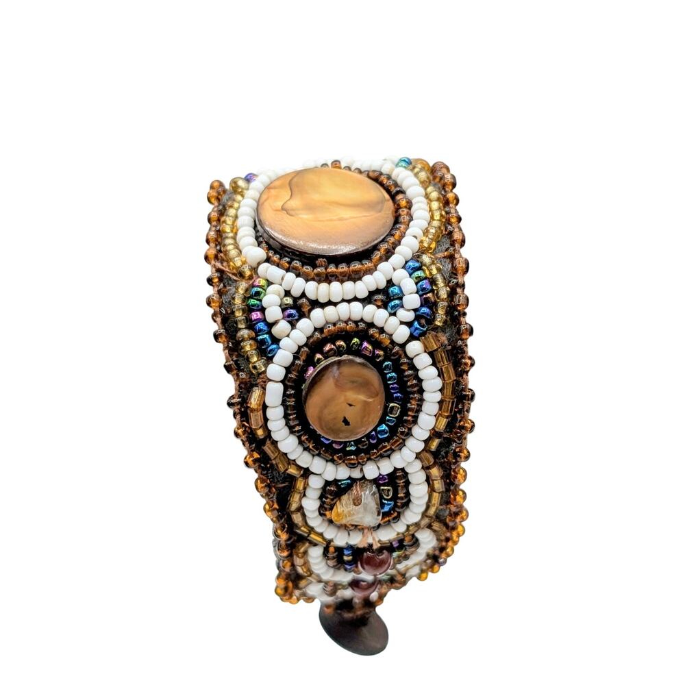 Artisan Brown Beaded Natural Stone Adjustable  Bracelet W/ Button Clasp